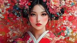 Japanese Woman in Red Kimono