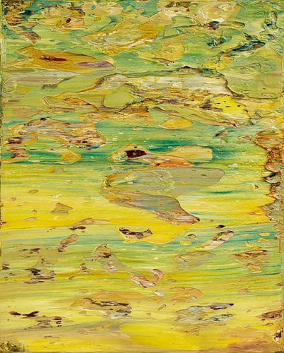 Abstract olieverfschilderij, geel, groen, blauw en bruin 