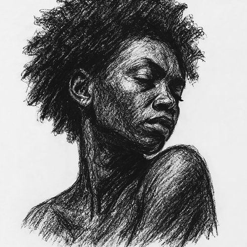 Portret van een dame met blote schouders (AI) (houtskool, tekening, afro, kapsel, black, beauty)