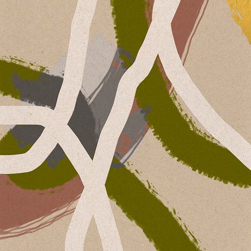 Modern abstract schilderij organische lijnen en vormen groen, beige