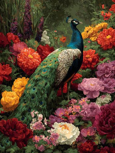 Paon majestueux parmi des fleurs colorées en pleine floraison