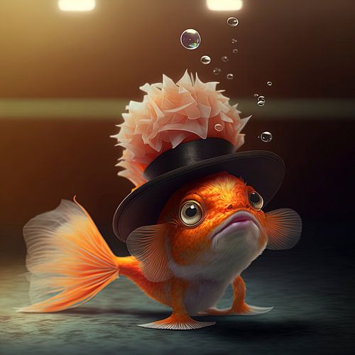 Poisson rouge avec un chapeau.