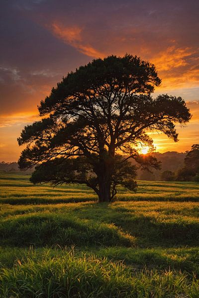 Zonsondergang achter majestueuze boom in landschap van Art & Soul Creations