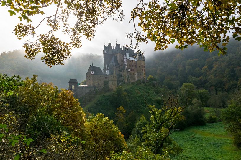 Burg Eltz met mist en herfstkleuren van Linda Schouw