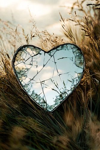 Miroir brisé en forme de cœur dans l'herbe