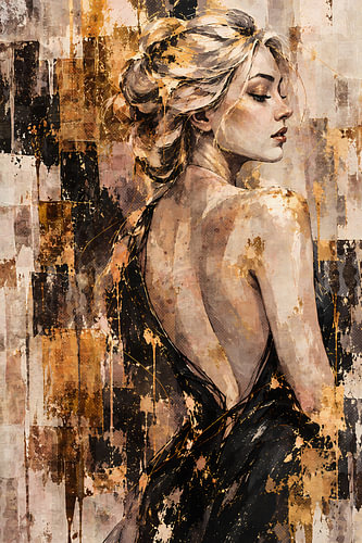 Luxuriöses Frauenporträt in Taupe und Gold | Hotel-Chic-Kunst