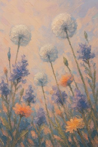 Dandelions with apricot sky by Claudia Gründler