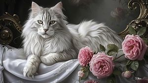 Katze - Katze auf Bett mit Blumen von Gelissen Artworks