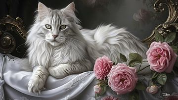 chat - chat sur un lit avec des fleurs sur Gelissen Artworks
