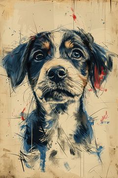 Tekening, chinese inkt, aquarel, hond -3 van Peter Pen tekeningen en schilderijen
