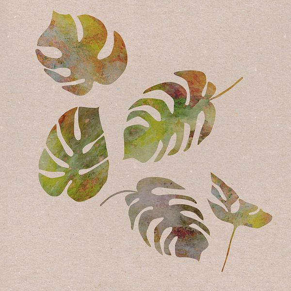 Tropical Monstera deliciosa leaves in green, terracotta, taupe on beige. by Dina Dankers