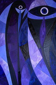 Kubistisch abstract vogelkunstwerk in paarstinten van De Muurdecoratie