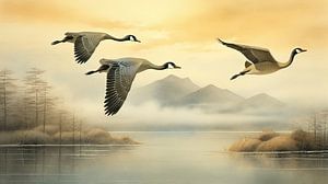 Fliegende Gänse und Berge im japanischen Stil