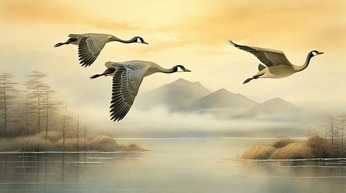 Vliegende ganzen en bergen in japandi stijl