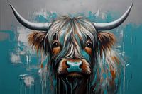 Abstract Turquoise Scottish Highlander in Oil Painting