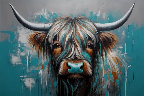 Abstracte Turquoise Schotse Hooglander in Olieverf