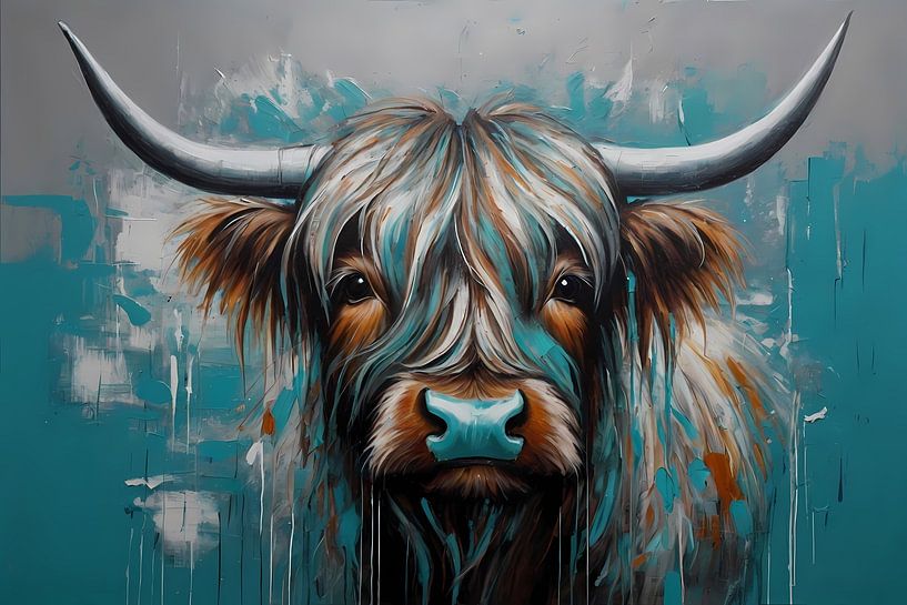 Abstract Turquoise Scottish Highlander in Oil Painting by Art & Soul Creations