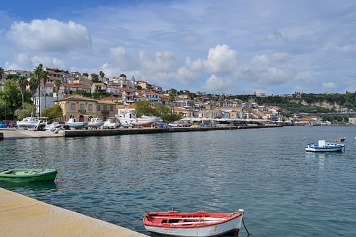 Koroni, a Greek port town with traditional architecture and boats
