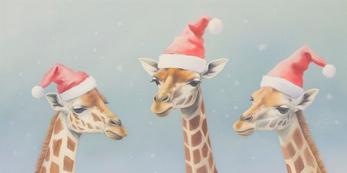 Drie Giraffen met Kerstmutjes op