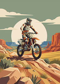 Ein Motocrossfahrer erklimmt einen felsigen Wüstencanyon-Trail vor dem Hintergrund einer leuchtenden Sonnensilhouette von Adam Khabibi