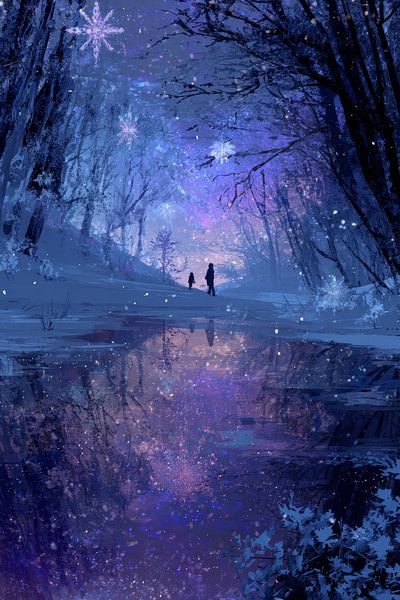 Winterspaziergang in violettem Glanz mit Schneeflocken von Eva Lee