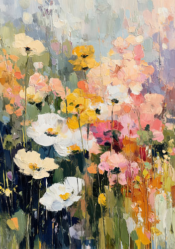 Bloemenweide met witte en gele bloemen in pastelkleuren