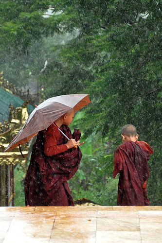 Monniken overvallen door regenbui