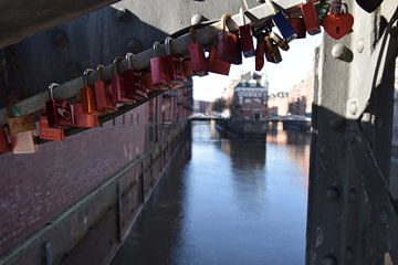 Reeks kleurige liefdessloten op metalen, industriële brug over kanaal van Studio LE-gals