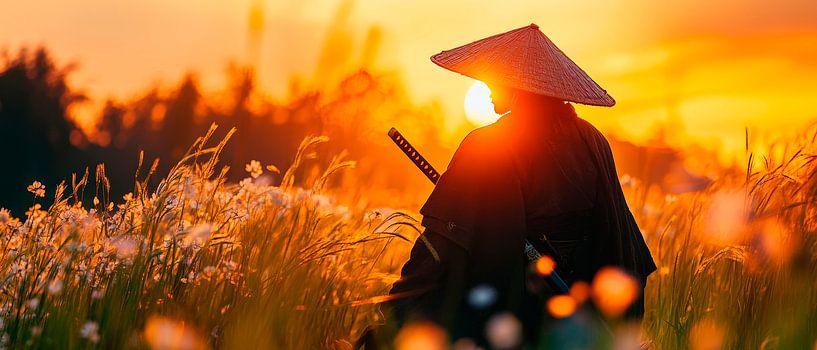 Sunset in the field - Samurai silhouette by Poster Art Shop