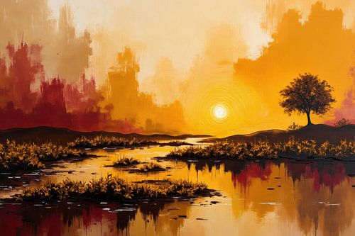 Landschapschilderij met rivier, zonsondergang en boom