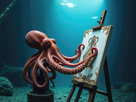 Octopus Malerei unter Wasser auf Leinwand mit Tentakeln von Markus Gann