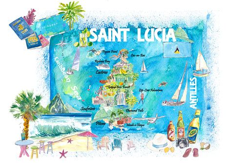 St. Lucia Westindien Illustrierte Karte mit touristischen Highlights d