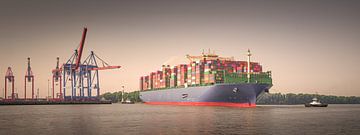 Panorama van een groot containerschip in Hamburg bij zonsopgang van Jonas Weinitschke