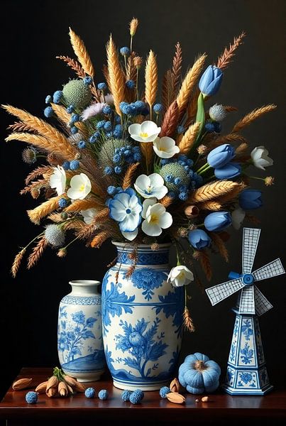 Vase bleu de Delft avec tulipes et fleurs sauvages - nature morte hollandaise classique par Kleurenrijk