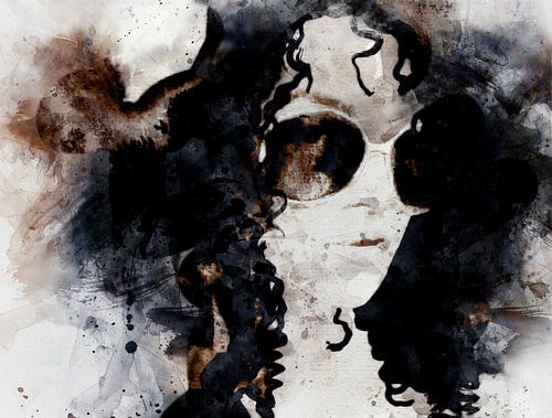 Portret van een Afrikaanse vrouw met zonnebril |  aquarel | zwart, wit, bruin, taupe,  blauw