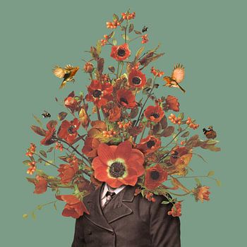 Portret met bloemen, hommels, roodborstjes en een vlinder (groene achtergrond)