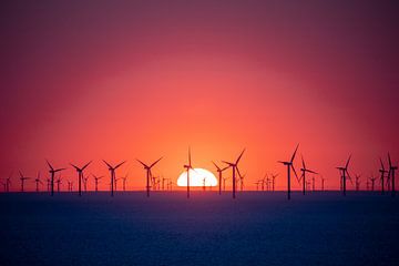 Sonnenuntergang mit Windmühlen, Nordsee von Yanuschka Fotografie | Noordwijk