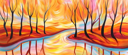 Herbstliche Landschaft mit Fluss und Bäumen