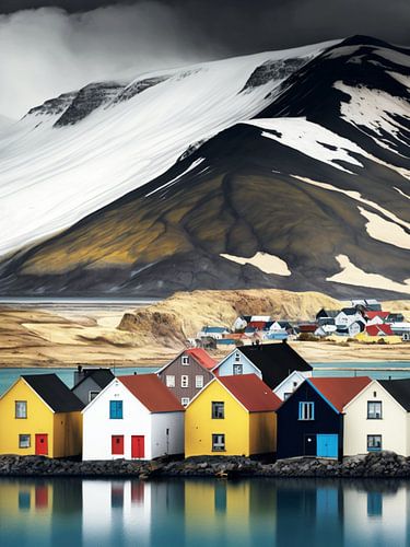 IJsland kustlandschap huizen bergen sneeuw reflectie