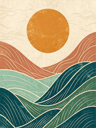 Mid-Century Modern Abstract Landscape with Sun and Terraced Hills