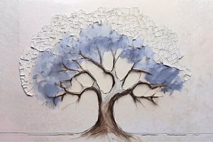 Abstrakter Baum mit weißer Mosaikstruktur und blauen Akzenten