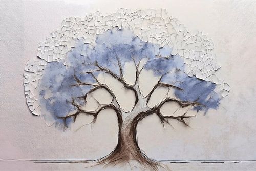 Abstracte boom met witte mozaïekstructuur en blauwe accenten