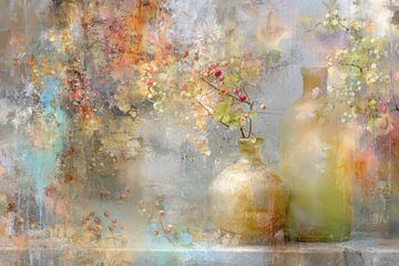 Abstract Painting with Vases and Berries, Composition in Soft Colours, Poetic and Dreamy by Joriali photography and paintings