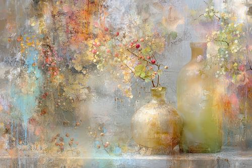Peinture abstraite avec vases et baies, composition en couleurs douces, poétique et rêveuse sur Joriali photographie et peintures