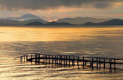 Houten brug bij zonsopkomst, Costa Rica