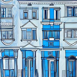 Huizen schets in blauw sur Lily van Riemsdijk - Art Prints with Color
