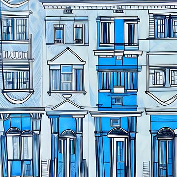 Houses sketch in blue by Lily van Riemsdijk - Art Prints with Color