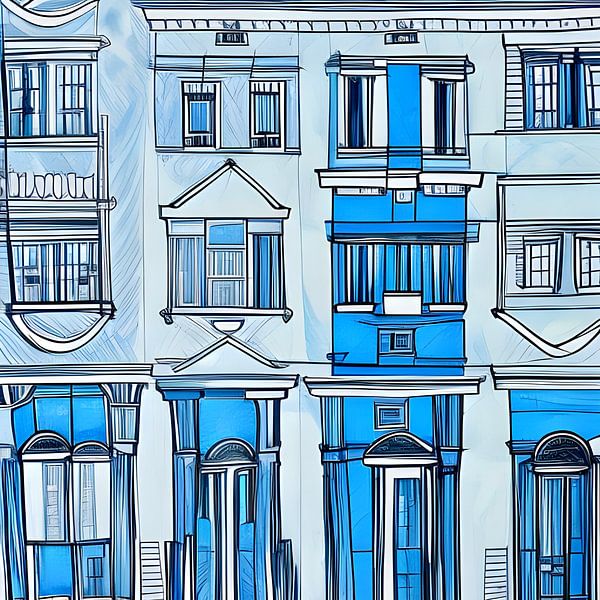 Huizen schets in blauw par Lily van Riemsdijk - Art Prints with Color