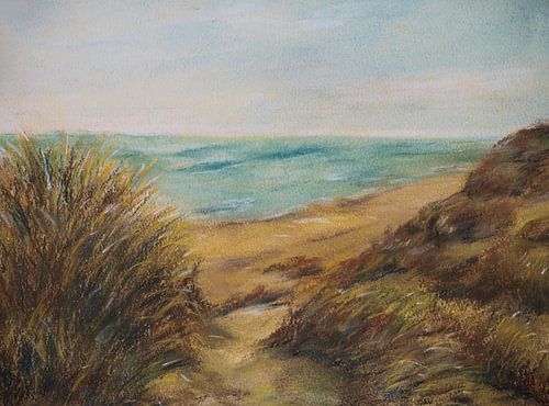 Dunes, plage et mer aux Pays-Bas (crayon pastel dessiné à la main)