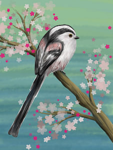 Mésange à longue queue dans un arbre en fleurs